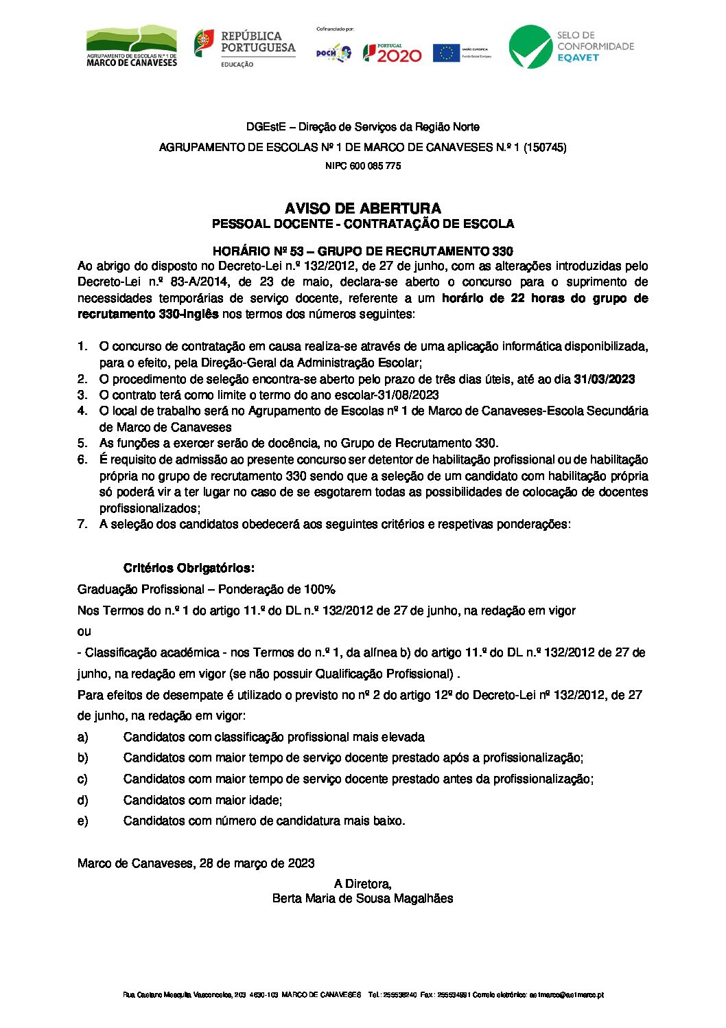 Aviso de abertura – HORÁRIO Nº 53 – GRUPO DE RECRUTAMENTO 330