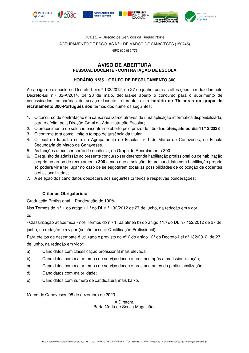 Aviso de abertura – HORÁRIO Nº35 – GRUPO DE RECRUTAMENTO 300