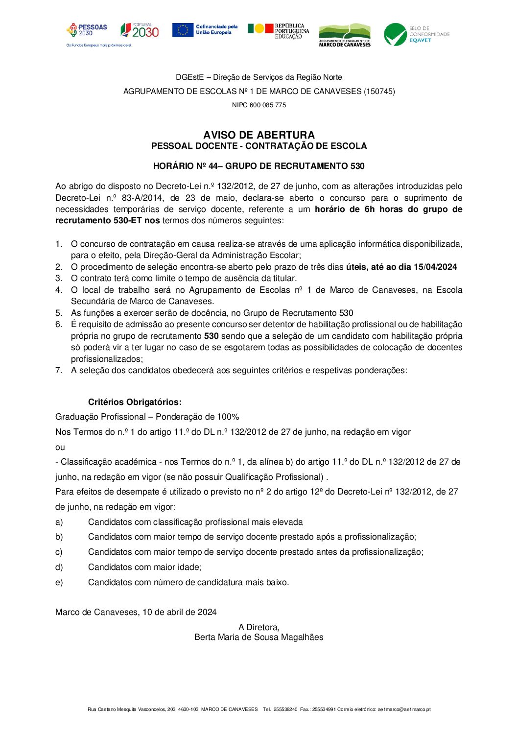Aviso abertura horário 44-grupo 530