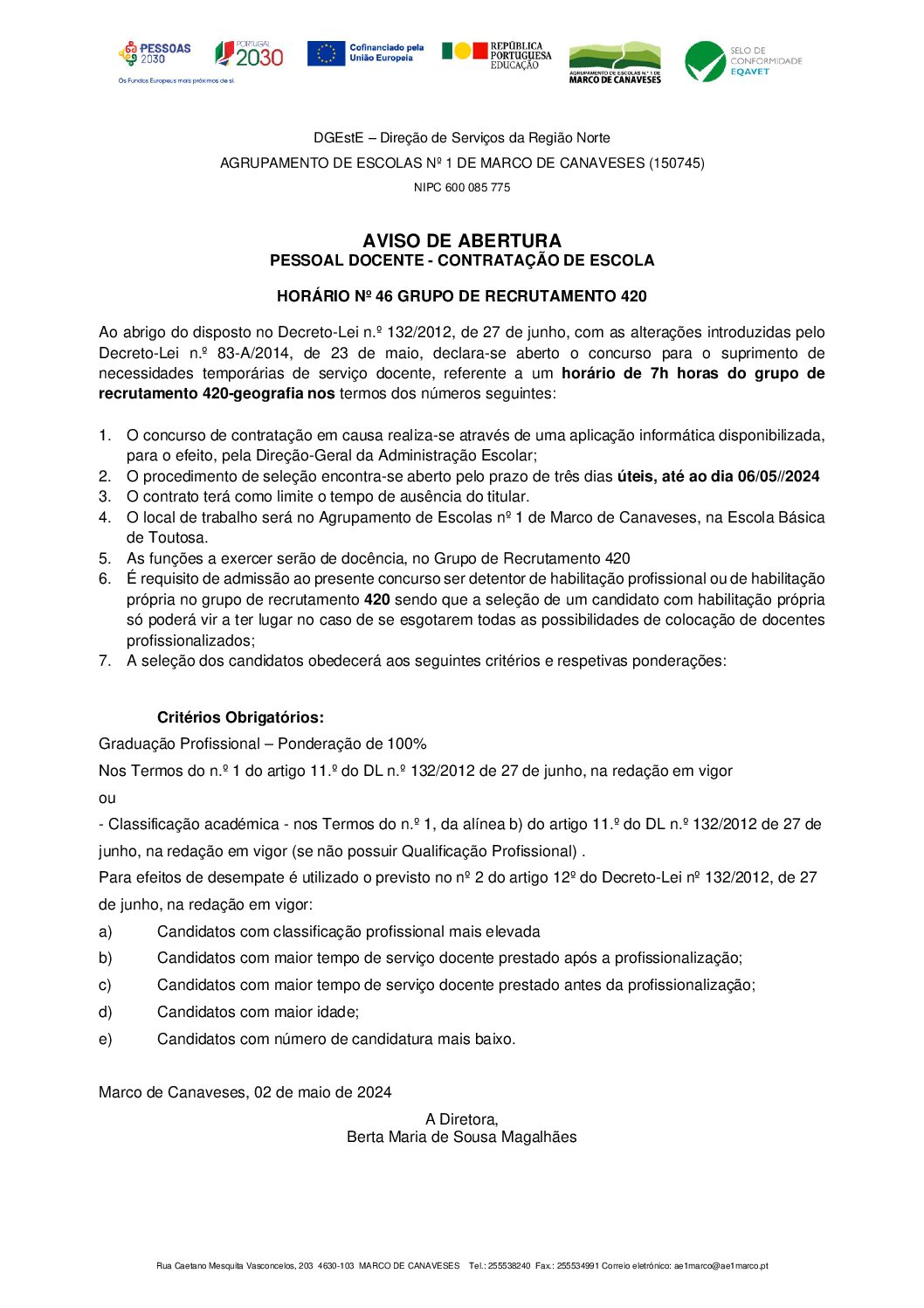Aviso abertura: horário – 7h gr 420