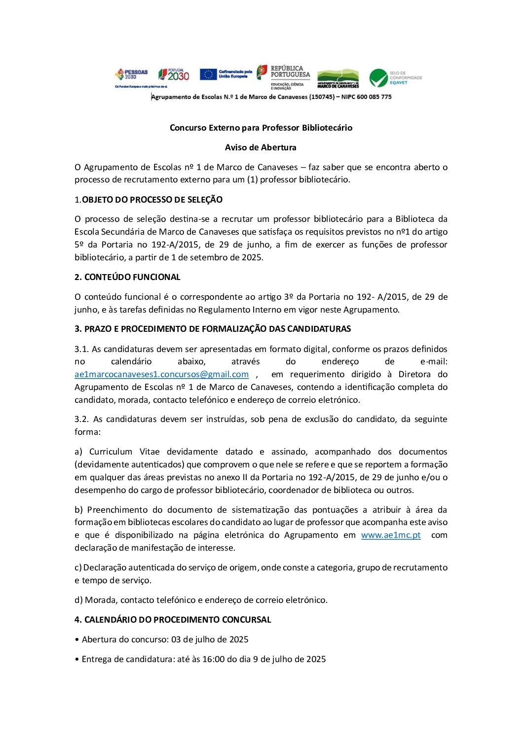 Concurso Externo para Professor Bibliotecário – Aviso de Abertura