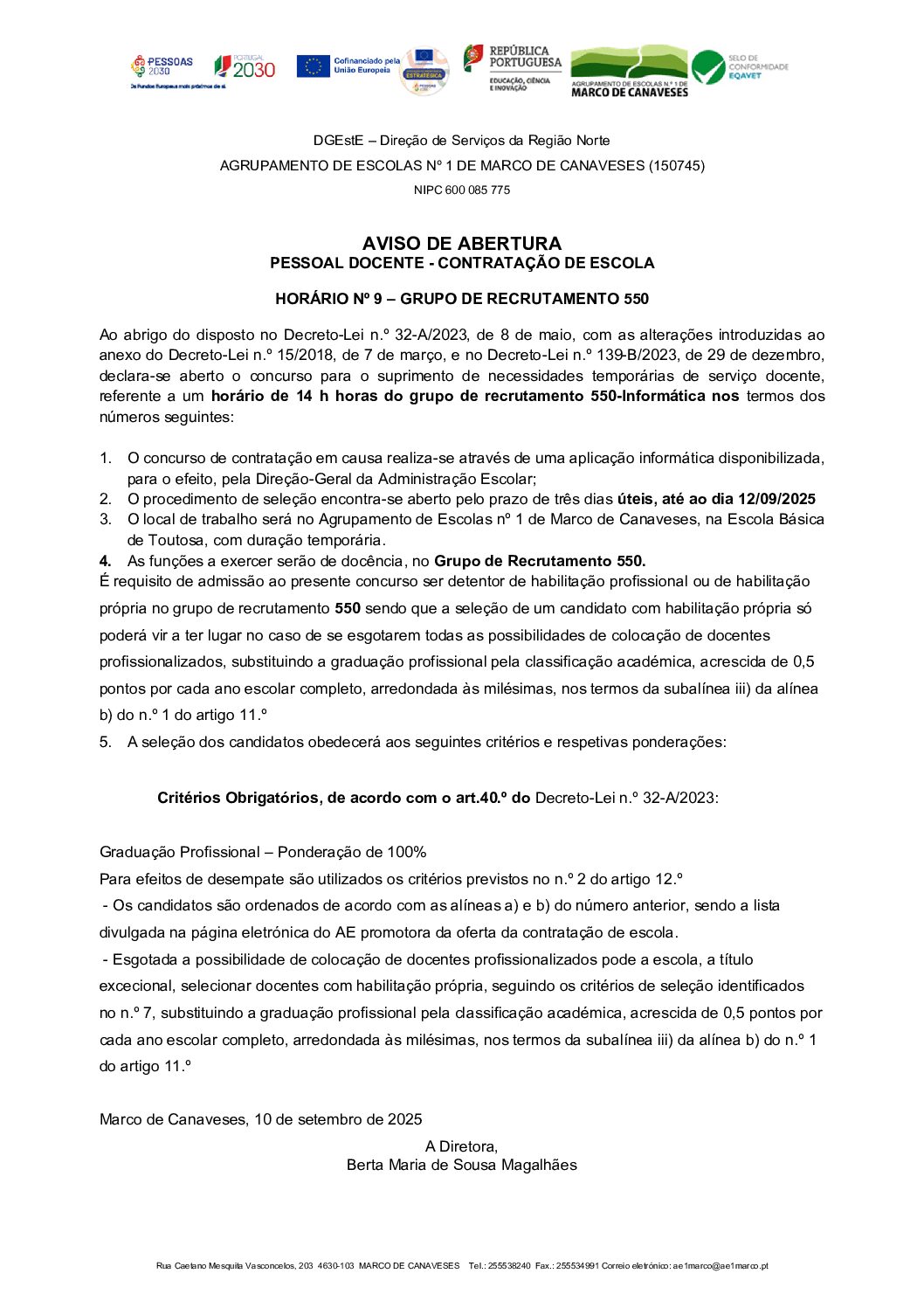 Aviso de abertura – HORÁRIO Nº 9 – GR 550