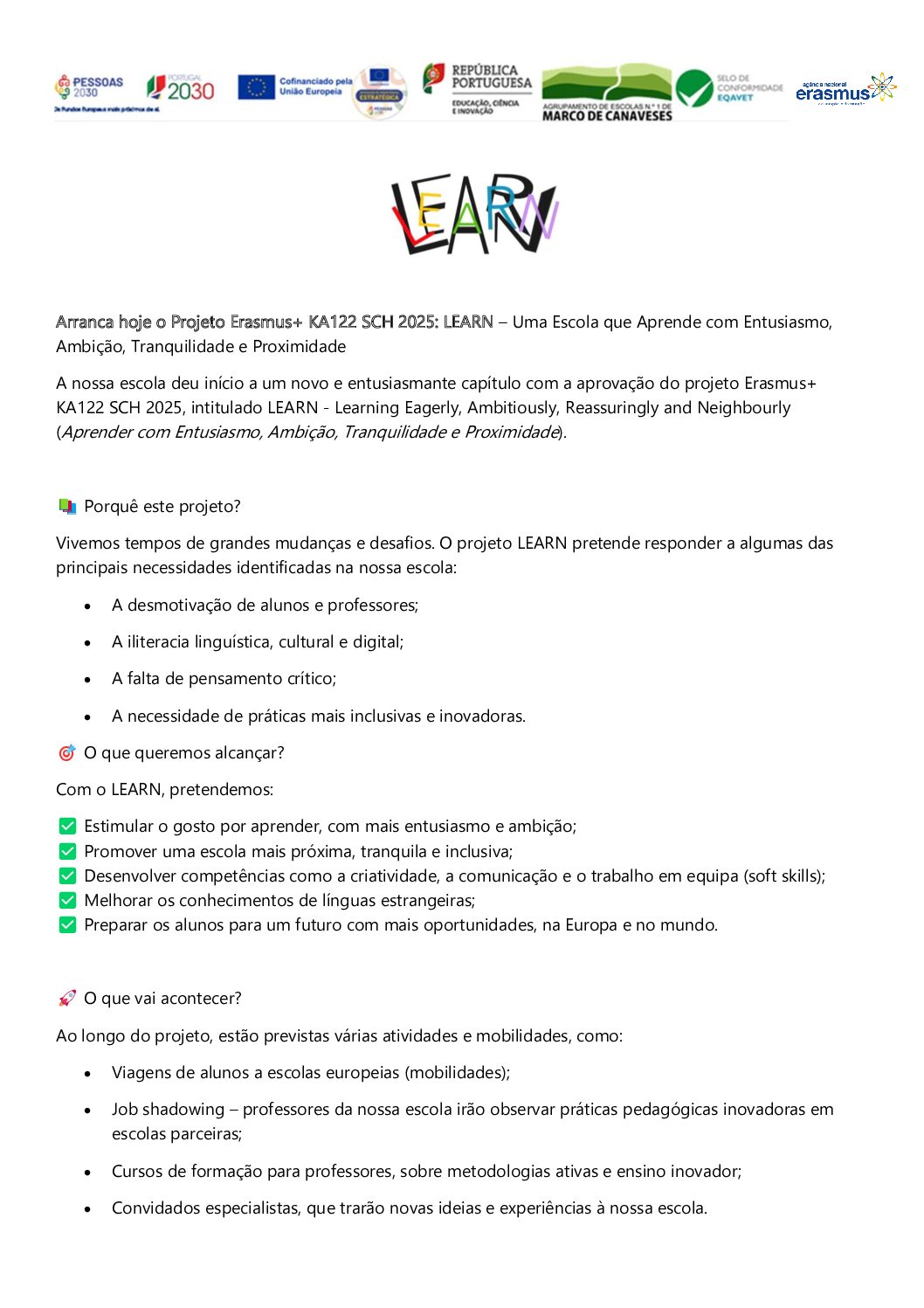 Projeto Erasmus+ KA122 SCH 2025: LEARN – Uma Escola que Aprende com Entusiasmo, Ambição, Tranquilidade e Proximidade