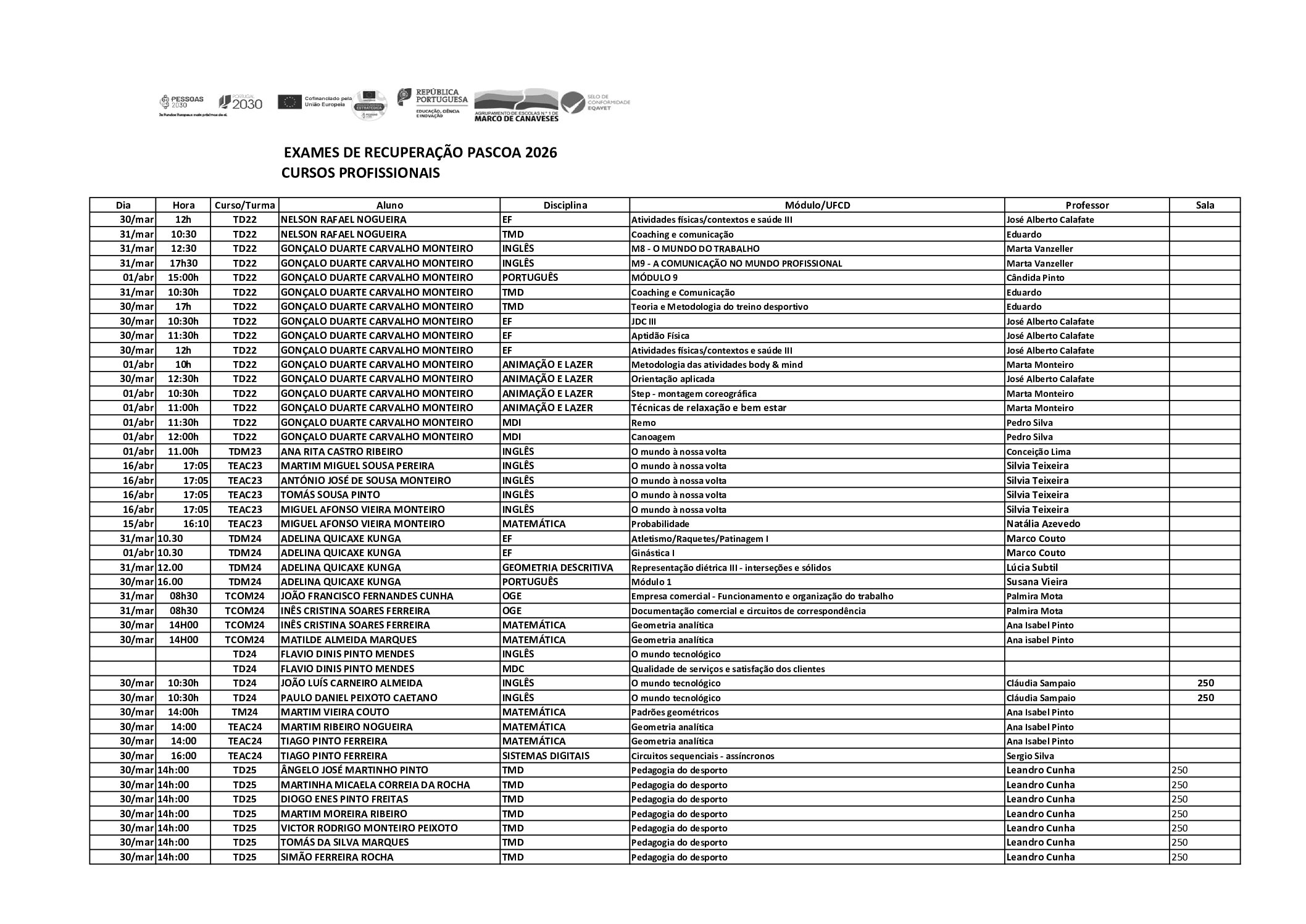 CALENDÁRIO EXAMES RECUPERAÇÃO – PÁSCOA 2026