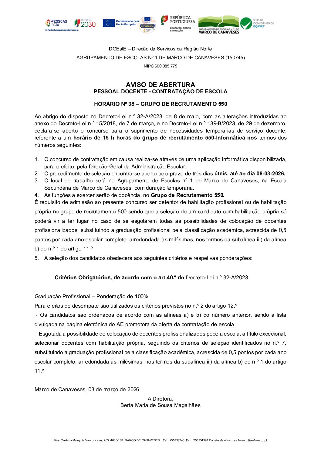 Aviso de abertura – HORÁRIO Nº 38 – GR 550