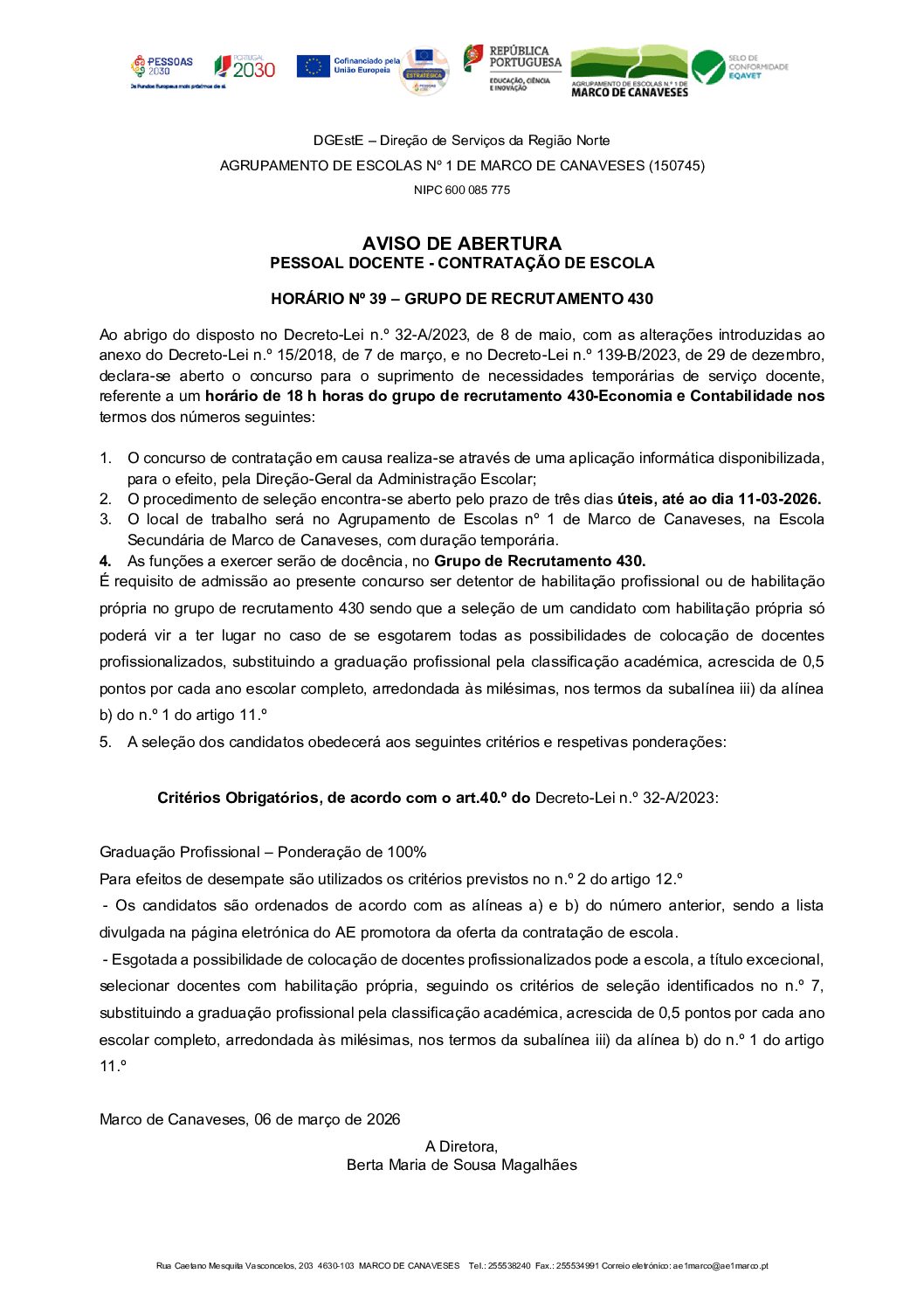Aviso de abertura – HORÁRIO Nº 39 – GR 430