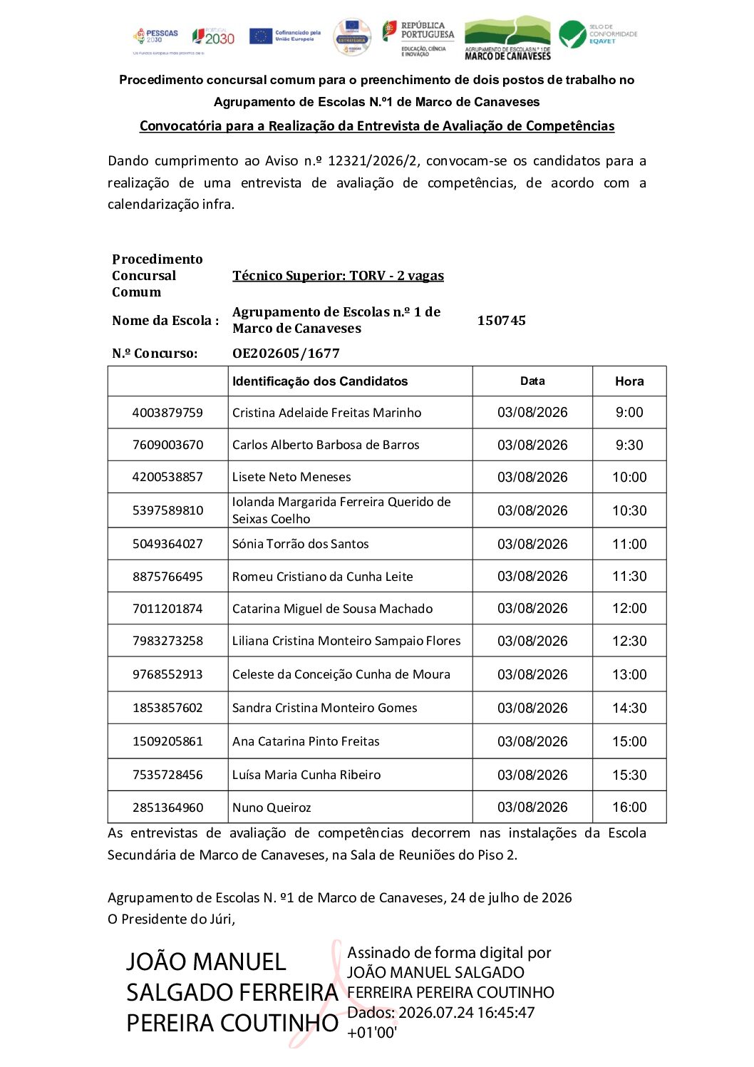 Técnico Superior: TORV – 2 vagas – Convocatória para a Entrevista de Avaliação de Competências