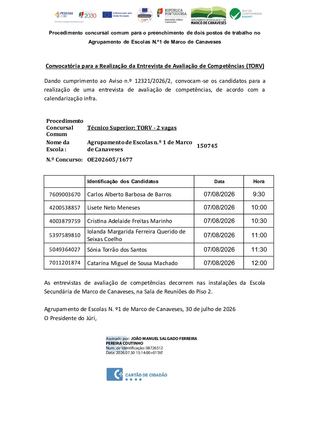Convocatória para a Realização da Entrevista de Avaliação de Competências (TORV)