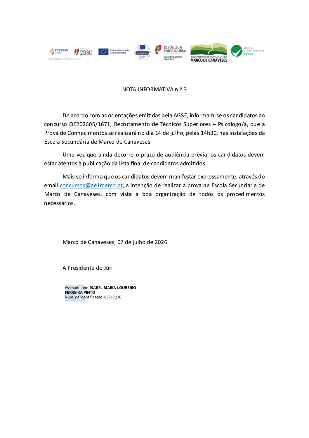 NOTA INFORMATIVA n.º 3 – concurso OE202605/1671, Recrutamento de Técnicos Superiores – Psicólogo/a