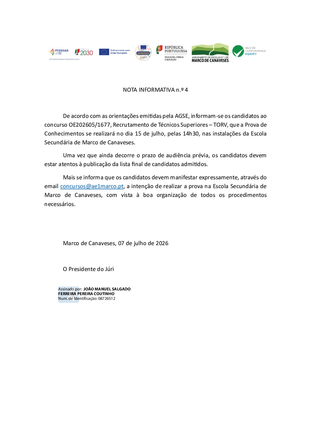 NOTA INFORMATIVA n.º 4 – concurso OE202605/1677, Recrutamento de Técnicos Superiores – TORV