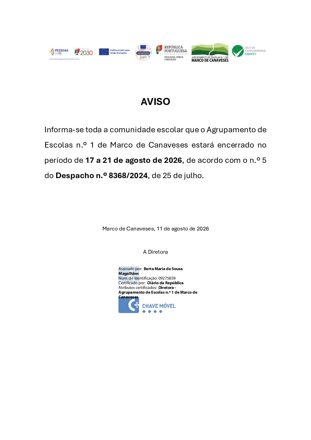 AVISO – Encerramento do Agrupamento no período de 17 a 21 de agosto de 2026