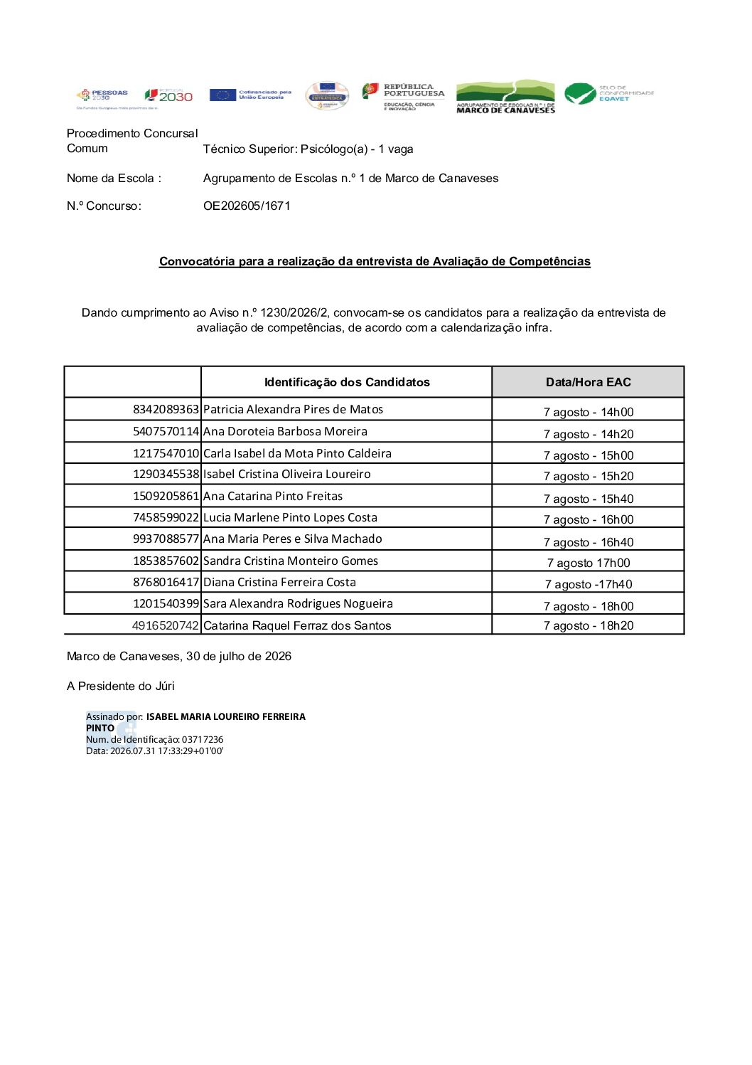 Técnico Superior: Psicólogo(a) – 1 vaga – Convocatória para a realização da entrevista de Avaliação de Competências