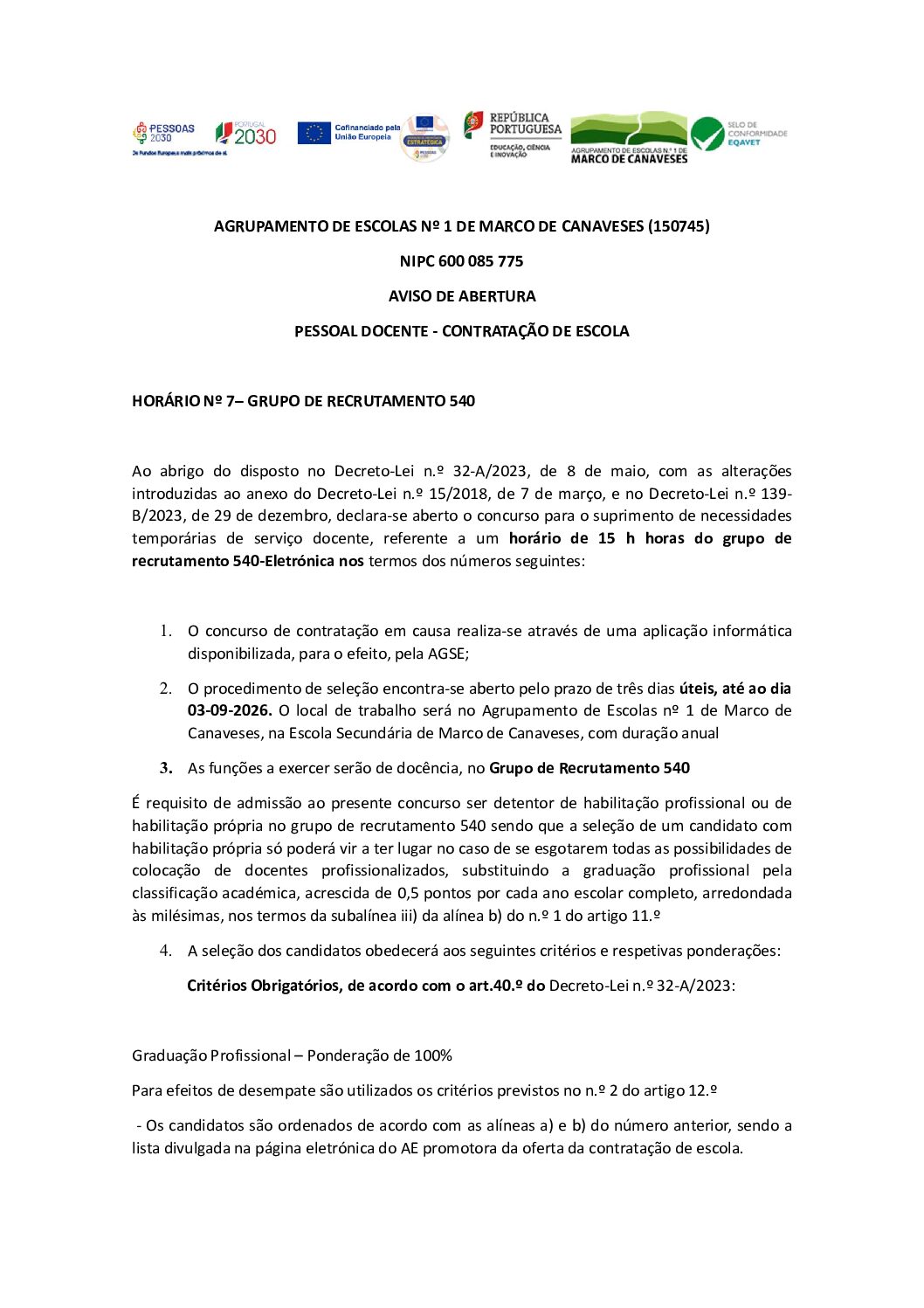 AVISO DE ABERTURA PESSOAL DOCENTE – CONTRATAÇÃO DE ESCOLAHORÁRIO Nº 7 – GRUPO DE RECRUTAMENTO 540
