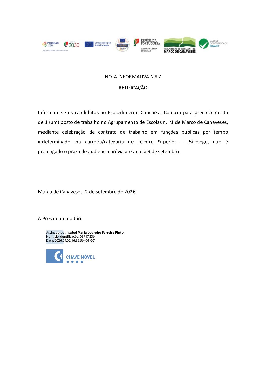 NOTA INFORMATIVA N.º 7 – RETIFICAÇÃO