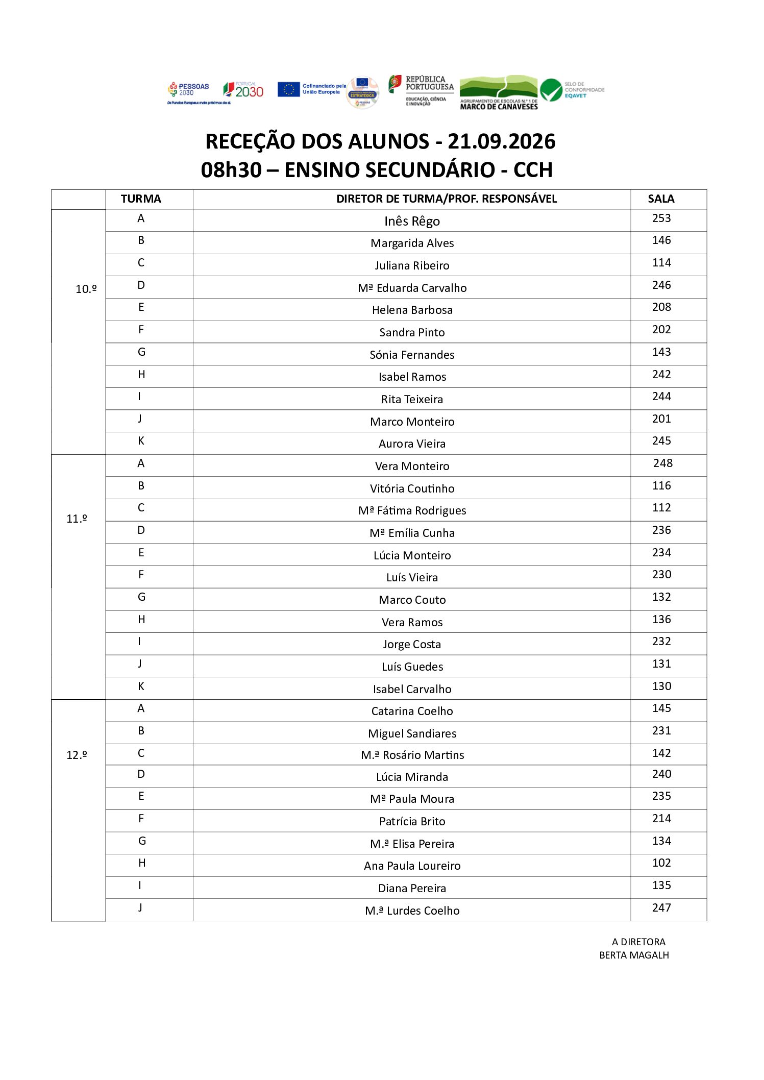 RECEÇÃO DOS ALUNOS – 21.09.2026 – 08h30 – ENSINO SECUNDÁRIO – CCH